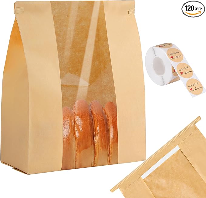 woric 120 Bread Bags for Homemade Bread, Sourdough Bread Bag with Window 14" X 8.3" X 3.5" Large Paper Bakery Bags with Tin Tie Tab Lock Stickers for Food Cookies Packaging Storage