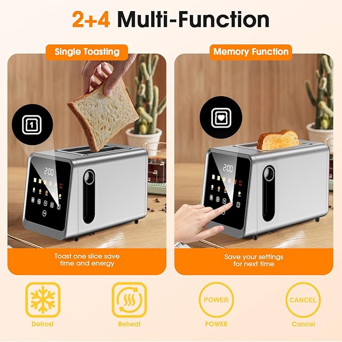 Touch Screen Toaster, 2 Slice, Smart Digital with 1-Touch Memory, 1.5" Wide Slots for Bagels, Brushed Stainless Steel, 900W