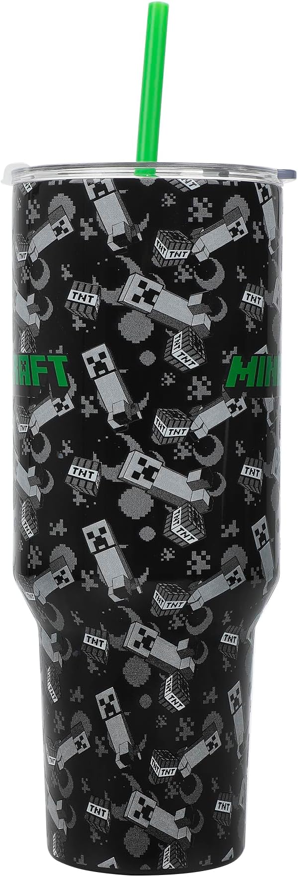 Bioworld Minecraft Creeper & TNT 40 Oz Black Stainless Steel Tumbler With Handle