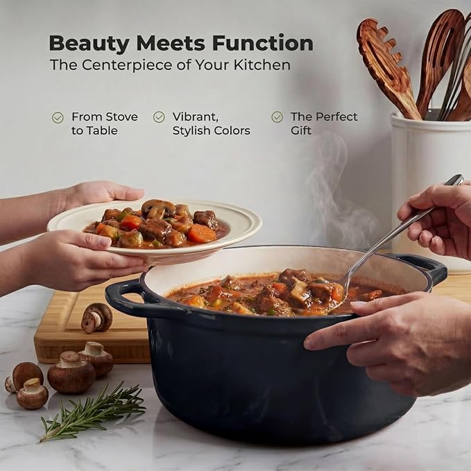 Zulay Kitchen 6.4 Quart Enameled Cast Iron Dutch Oven Pot with Lid – Premium Durability & Oven Safe up to 500°F – Heavy Duty Cookware Perfect for Bread Baking, Stews, Braising & Roasting - Black
