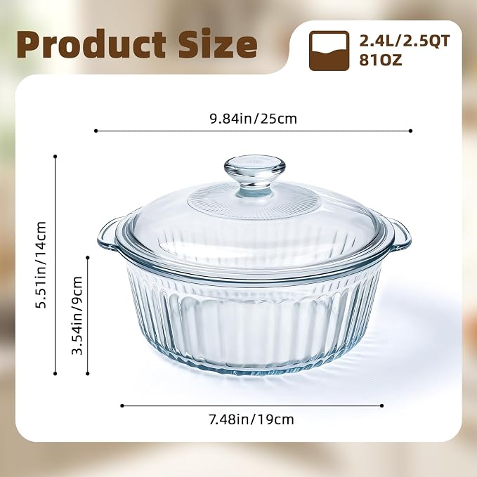 Luvan 2.4L/2.5Qt Round Glass Casserole Dish with Lid, Clear Baking Dish with Handles for Baking, Cooking & Serving, High Borosilicate Lead-Free Glass cookware, Oven, Microwave, Freezer & Dishwasher Safe