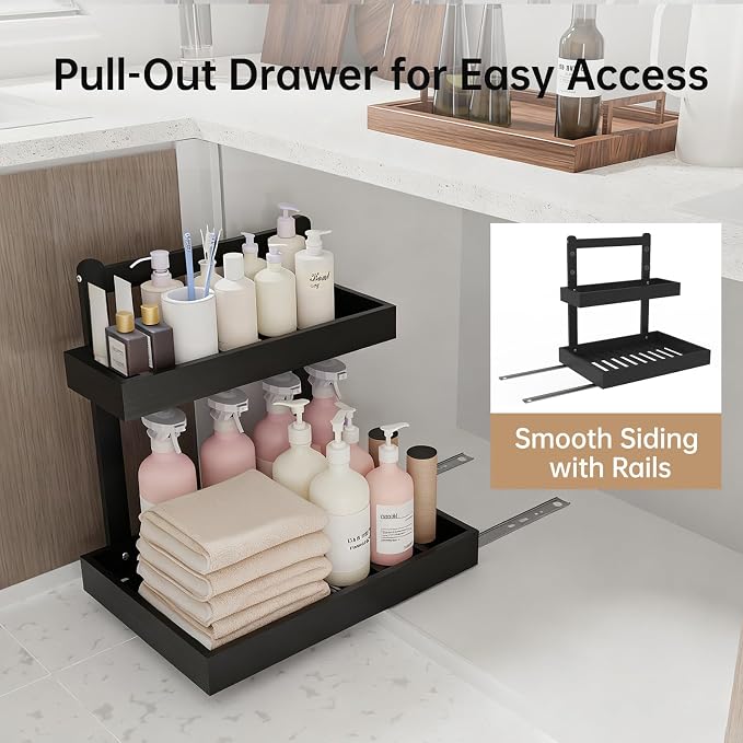 Bamboo Undersink Organizer Storage - 2-Tier Cabinet Shelf with Adjustable Levels, Under Sink Storage Slide Out for Cabinet Pantry Kitchen Bathroom (Black, 2 Packs)
