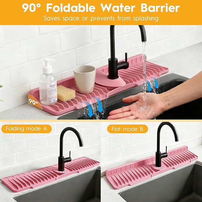 24" Silicone Faucet Mat for Kitchen Sink Released in 2026,8° Slope Fast Self-draining-Kitchen Sink Splash Guard,Bathroom Kitchen Sink Area Water Splash Guard Behind Faucet Draining Mat(Pink)