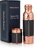 Kitchen Science -Authentic 34oz/1000ml Copper Water Bottle with Tumbler and Leather Sleeves – Leak-Proof, Lab-Tested
