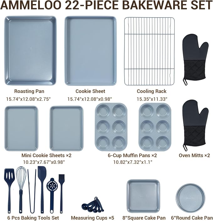 Ammeloo 21pcs Ceramic Pots and Pans Set Non Stick with Detachable Handles and Egg Frying Pan & 22-Piece Baking Pans Set Stackable Bakeware