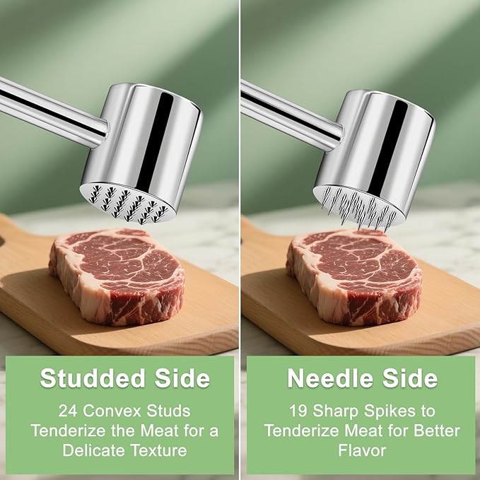 2-in-1 Real 316L Stainless Steel Meat Tenderizer Mallet Hammer, Professional Meat Pounder with 19 Sharp Needle Spikes, Dual-Sided Heavy Duty 1.09lb Versatile Kitchen Tool,Solid & Dishwasher Safe