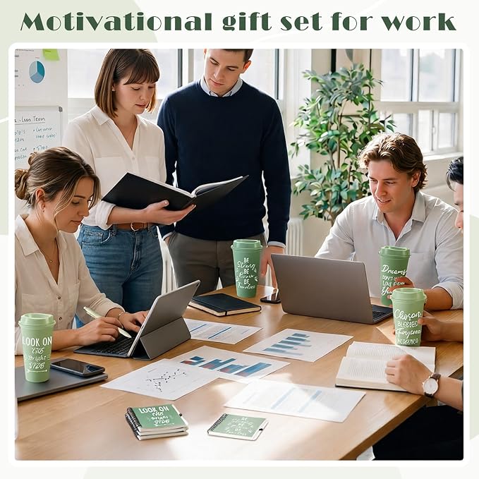 Skylety 12 Sets/48 Pcs Employee Appreciation Gift Baskets Bulk 16oz Inspirational Coffee Cup with Spiral Notebook, Pen & Keychain, Thank You Gifts for Staff, Teacher,Coworker, Team (Gradient Green)