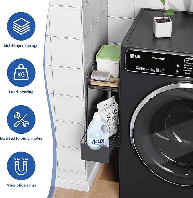 CABTE 2 Tier Magnetic Shelves for Washing Machine with Pull Out Metal Drawer,Magnetic Spice Rack for Fridge,Magnetic Rack with no Installation, Versatile Storage Organizers for Home (Black, 2 Tier)