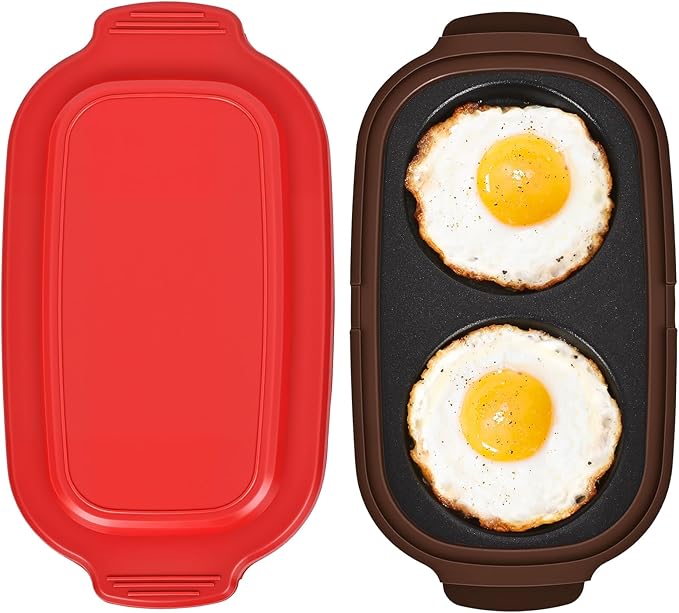 Microwave Egg Poacher & Cooker for 2 Eggs – Multi-Use Fryer with Silicone Lid, Makes Bacon, Omelets & Breakfast Sandwiches | Dishwasher Safe, BPA-Free, Portable for Dorm, Travel, Office (Red)