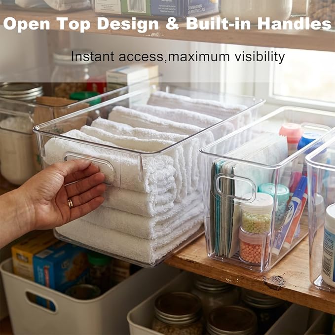 MOONEDGE 8 Pack Modular Clear Plastic Storage Organizer Bins – 4 Large & 4 Narrow, Nestable Space-Saving System for Pantry, Kitchen, Fridge, Bathroom & Cabinet Organization - Versatile & Easy to Use