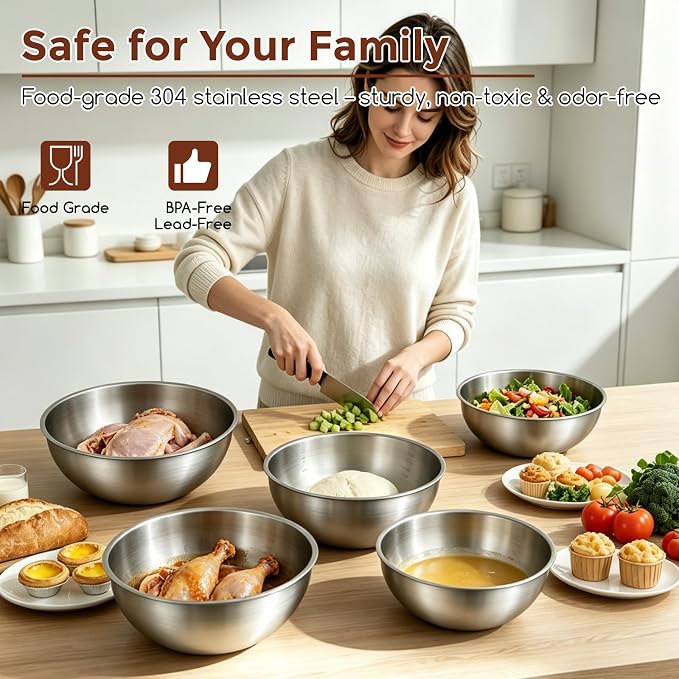 Gronivex 304 Stainless Steel Mixing Bowls, 5-Piece (1.5-5.3 Qt) | Food-Grade Metal, Dishwasher safe，Stackable Nesting & Space-Saving – Ultimate for Large Family Baking or Party Cooking