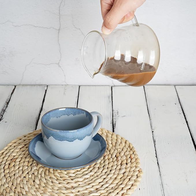 Bosmarlin Ceramic Cappuccino Cup and Saucer Set of 2, 10 Oz, Coffee Cups for Latte, Espresso, Tea, Dishwasher and Microwave Safe, Reavtive Glaze (Blue)