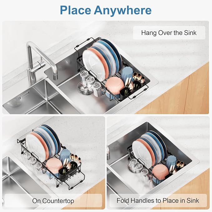 iSPECLE Small Sink Dish Drying Rack with Cup Holder, Expandable Rust Resistant Dish Drainer for RV Kitchen, Dish Rack with Tightening Knob, Arms with Non Slip Rubber, Black