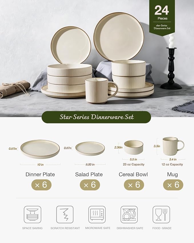 Famiware Star 24-Piece Stoneware Dinnerware Sets with Trim, Service for 6 - Ceramic Mugs, Plates, Bowls, Dishes for Everyday/Party/Formal Use, Chip/Scratch Resistant, Microwave/Dishwasher Safe, Cream