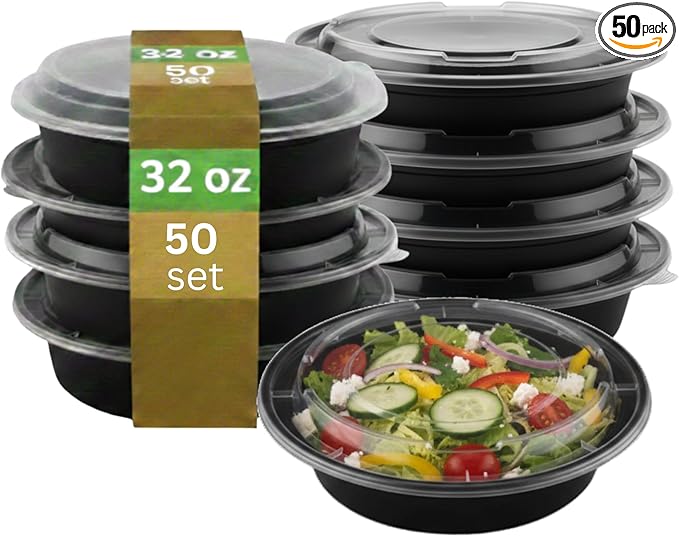 [32 oz Round Meal Prep Containers with Lids – BPA-Free Food Storage Containers, Bento Box for Restaurant & Catering Use, Stackable, Microwave, Dishwasher, Freezer Safe – 50 Pack