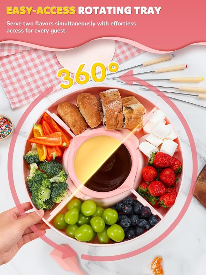 LUSHYUM Electric Chocolate Fondue Set, 4-Cup Chocolate, Rotating Tray | Melt & Warm Modes, Dual Silicone Inserts, 6 Color-Coded Forks, Easy-Clean, Ideal for Candy Melts, Couple Family, Date Night