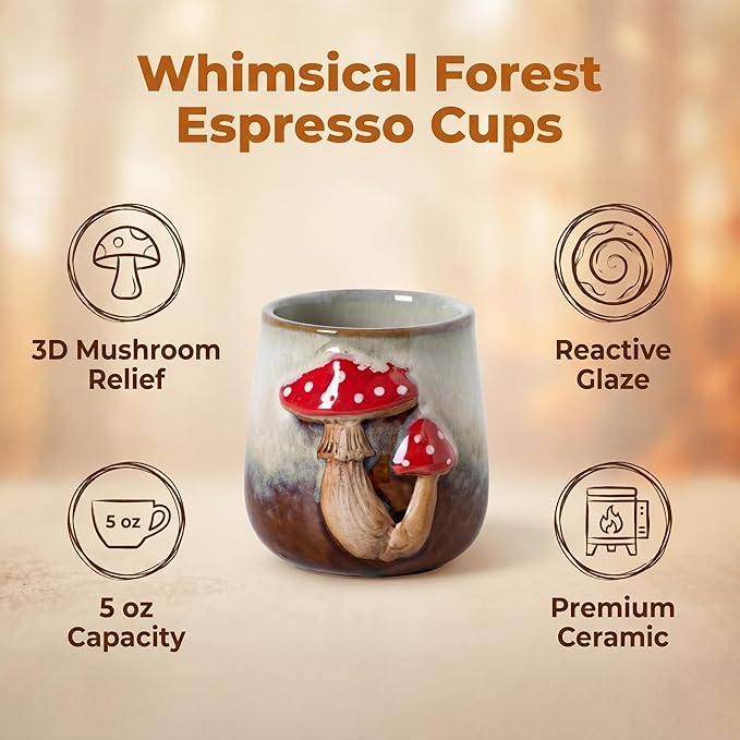 dgudgu Mushroom Espresso Cups Set of 4-5Oz Ceramic Demitasse Mugs with 3D Mushroom Embossed, Reactive Glaze Brown Gradient, Small Coffee Cups for Home Barista, Latte,Cappuccino