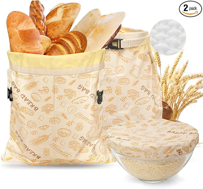 Reusable Pure Beeswax Bread Bags for Sourdough, Organic Cotton Beeswax Dough Bags, 2 Packs Homemade Bread Storage and Bowl Cover