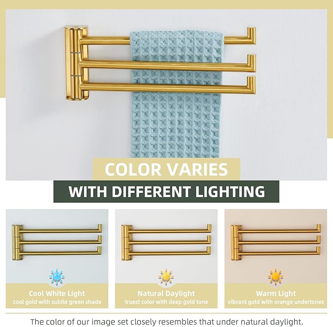 Angle Simple Swivel Hand Towel Rack, SUS 304 Stainless Steel Foldable 3 Towel Holder Bars for Bathroom Kitchen, Brushed Dark Gold