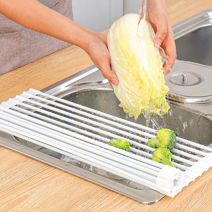 HUHJYUGE Roll Up Dish Drying Rack, Kitchen Sink Dish Drying Rack, Over The Sink Drying Rack Roll Up, Foldable Silicone Dish Drainer for Kitchen, for Plates, Cups, Bowls (D 43x33cm)