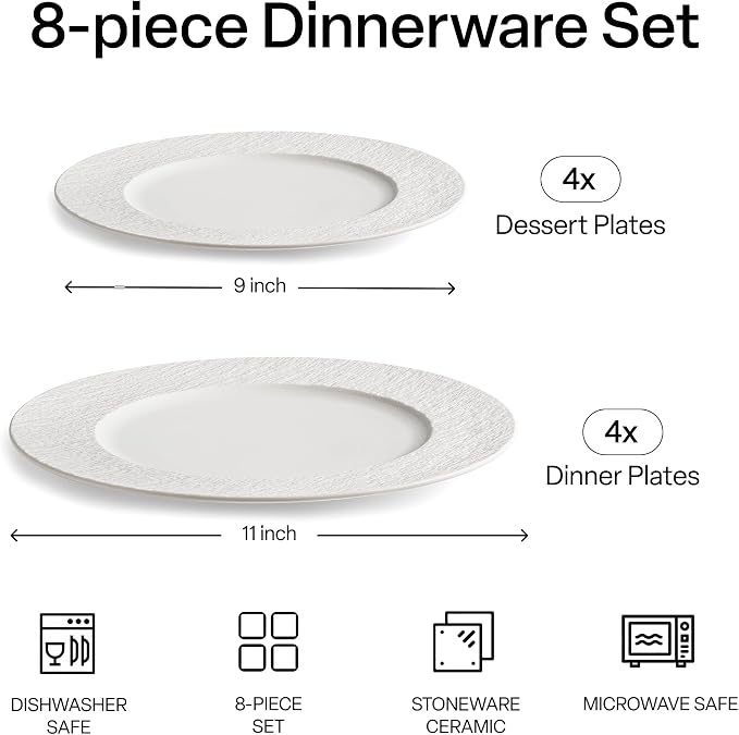 MIAMIO - Set of 8 Dinner Plates, 4x Small Plates (9 inch), 4x Big Plates (11 inch), / 8-piece Ceramic Plate Set, Stoneware Crockery Set - Microwave & Dishwasher Safe - Oasis Collection (White)