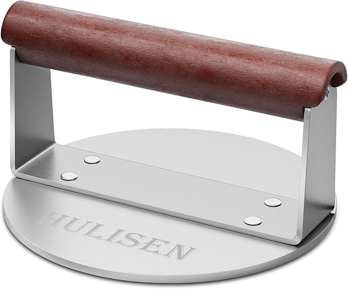HULISEN Burger Smasher, Stainless Steel Smashed Burger Press, 6 Inch Hamburger Press for Griddle, Heavy-Duty Grill Press with Wood Handle, BBQ Accessories Tool, Weights 1.24 lb, Gift Wrapping