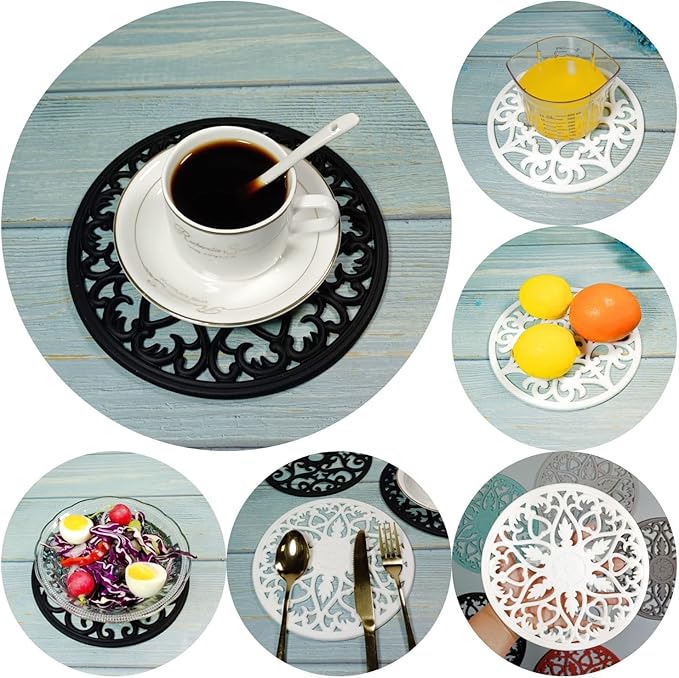 Silicone Trivets for Hot Dishes Modern, Trivets for Hot Pots and Pans, Silicone Hot Pads for Kitchen, Round Pot Holders 6 Pack Black, Multi-Use Intricately Carved Mats