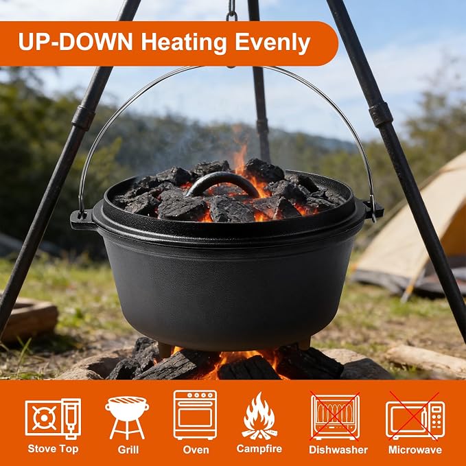 Pre-Seasoned Cast Iron 10QT Camp Dutch Oven with Lid, Large Camping Dutch Oven Pot, incl. Lid Lifter - Dual Handles - for Outdoor Campfire, Grill, Oven&Stovetop Cooking - Black