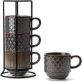 JIEMEI HOME Large Ceramic Coffee Mug Set of 4 with Stand, 15 Oz Stackable Embossment Ribbed Latte Cup Set for Cappuccino, Latte, Tea, Hot Cocoa, Drinks - Dishwasher & Microwave Safe, Dark Purple