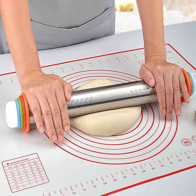 Rolling Pin and Pastry Baking Mat Set, 17-inch Rolling Pins with Adjustable Thickness Rings, Stainless Steel Dough Roller for Baking Fondant, Pizza, Pie, Pastry, Pasta, Cookies (Red)