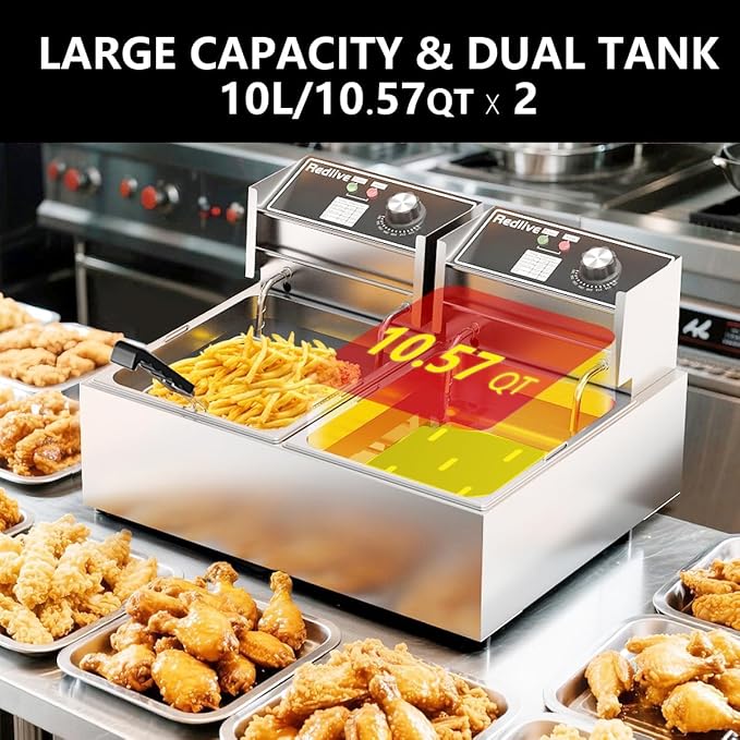 Commercial Deep Fryer with Basket 21QT/20L Stainless Steel Large Capacity | 3400W, 2 Independent Baskets, Countertop, Commercial & Home Use