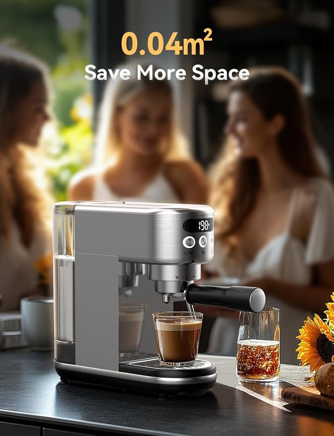 Neretva Espresso Machine 20 Bar, Super Compact Espresso Maker Stainless Steel Professional Coffee Machine Espresso with Power Steam & LED Display for Home Barista Latte and Cappuccino Maker-Silver