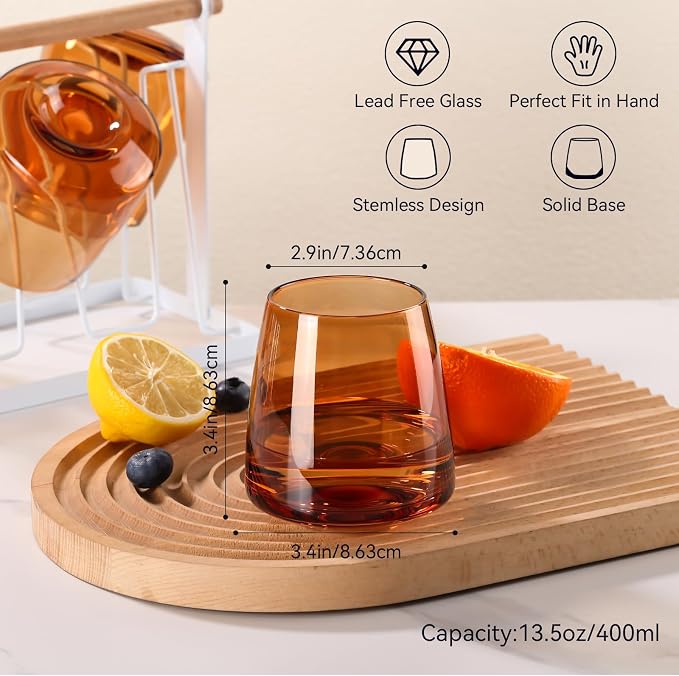 Brown Stemless Wine Glasses Set 6-Colorful Wine Glasses Stemless for Wine water,whiskies, juices, cocktails,Unique Gifts for Mother day Birthday Wedding Party