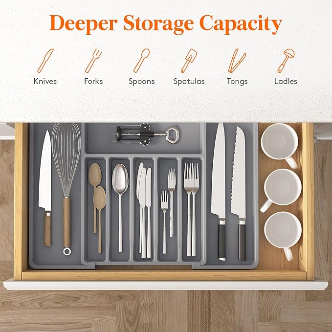 Lifewit Silverware and Cooking Utensil Drawer Organizer Set – Expandable Adjustable Plastic Storage for Cutlery, Flatware, Spoons, Forks, Knives, and Kitchen Tools, BPA-Free, Gray