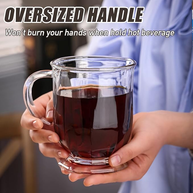 Glass Coffee Mugs Set of 2, 22 oz Large Capacity Glass Mugs with Handles, Clear Coffee Mug with 2 Spoons, Ideal for Latte, Espresso, Juice, Tea