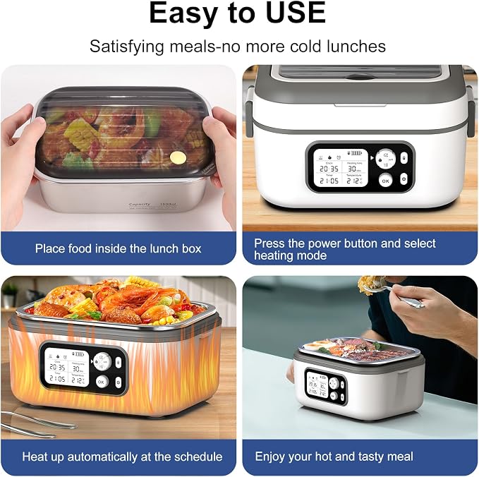Cordless Electric Heated Lunch Box, 1.5L - 6.3 Cups 100W Rechargeable Smart Self-Heating Food Warmer with Removable Divider, Spoon, Fork, BPA Free, Portable Lunchbox for Car Travel Office