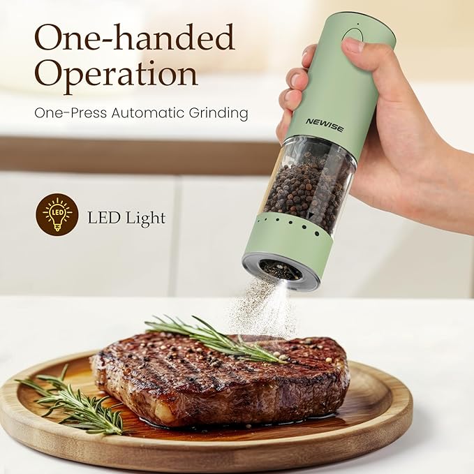 Newise Electric Salt and Pepper Grinder Set Rechargeable with LED Lights, Automatic Pepper & Salt Mill, Adjustable Coarseness, Large Capacity, Green