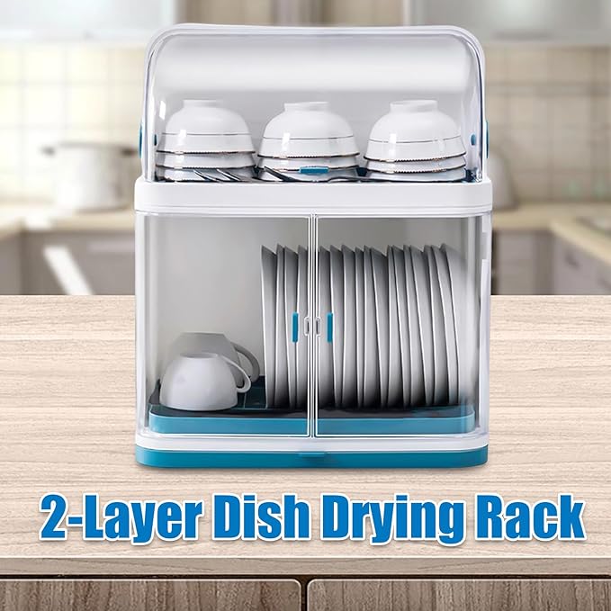 2 Tier Dish Drying Rack with Cover, Plastic Kitchen Plate Cup Dish Drying Rack， with Removable Drain Board, for Dish/Knifes/Cup, Blue, White