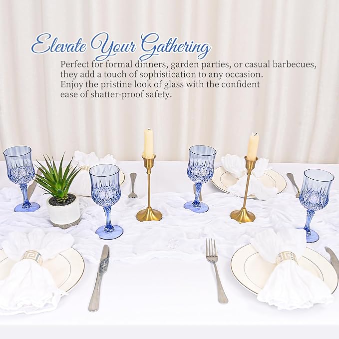 24 Pack Light Blue Plastic Wine Glasses, Vintage Plastic Goblets for Parties, Drinking Glasses Unbreakable Glassware Crystal Water Goblets Reusable Drinkware for Wedding Reception Grand Event Party
