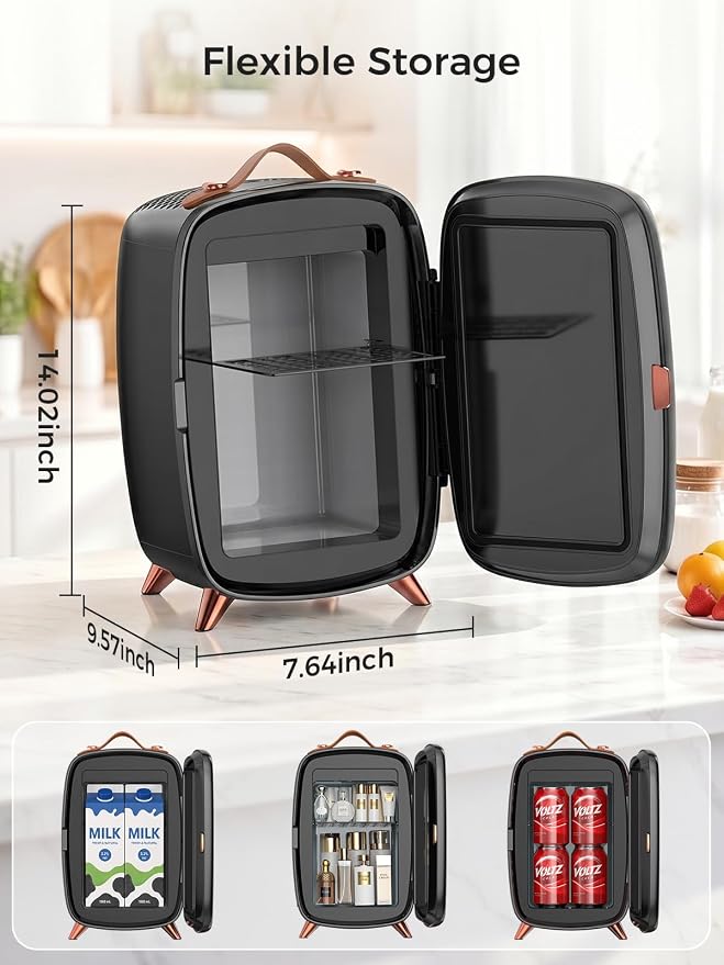 COWSAR Mini Fridge for Bedroom with Dimmable LED Light Mirror, 6 L/8 Can Skincare Fridge with Top Leather Handle, Portable Small Refrigerator for Cosmetic, Beverage and Food, Dorm, Office, Deep Black