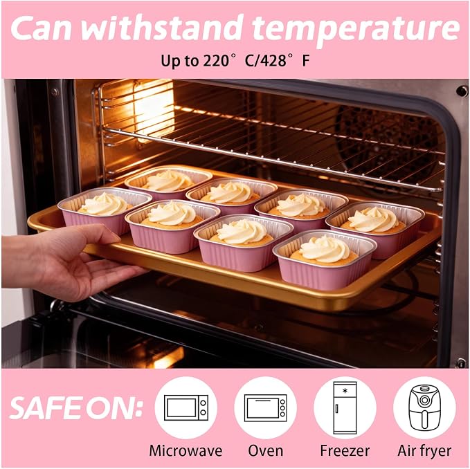 200 Pack 8 oz Pink Square Mini Cake Pans with Lids, Aluminum Foil Square Brownie Baking Cups for Ramekins Muffin Cupcake Wedding Birthday Party