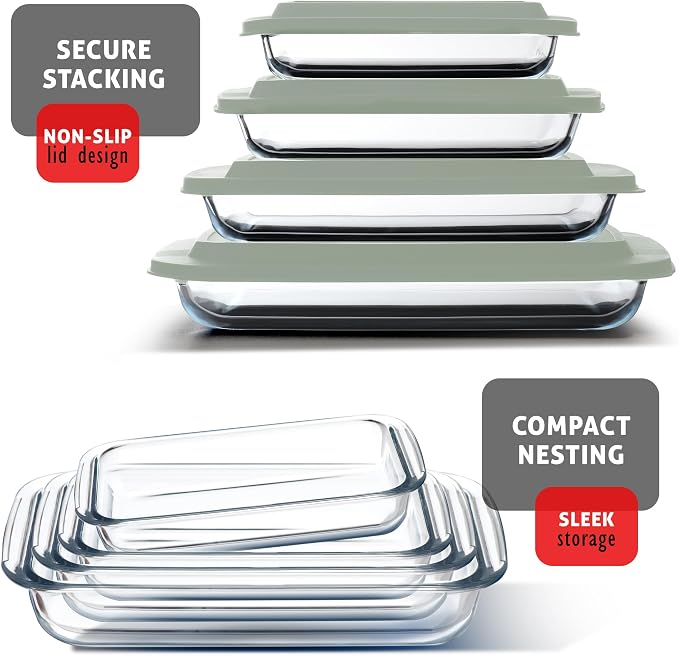Eatex 8-Piece Deep Glass Casserole Dishes for Oven with Plastic lids, Rectangular Glass Baking Dish Set, Baking Pans for Lasagna,Leftovers, Cooking, Kitchen, Freezer-to-Oven and Dishwasher, Sage Green