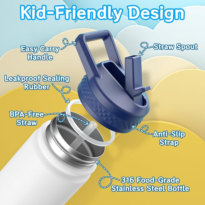 baab 18oz Kids Water Bottle, Insulated Water Bottle with Straw & Stickers, 18/8 Stainless Steel Vacuum Leakproof Kids Water Straw Cup for School, Perfect for Boy Girl (White, 1 Pack)