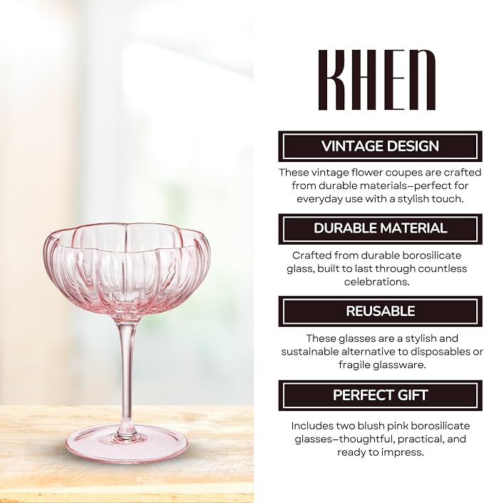 Khen Flower Modern Wavy Glass Coupes Martini, Champagne & Cocktail Coupes - Set of 2-7.7oz Colorful Cocktail Glasses & Prosecco, Mimosa Glassware Copyright Design - Blush Pink
