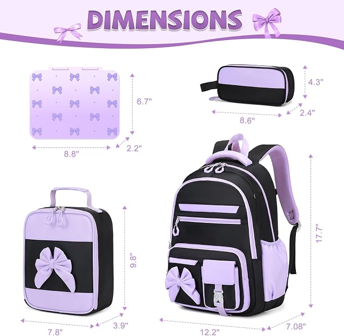 DIGOBAY Girls Backpack - Kids Bento Box Set with Insulated Lunch Bag, Cutlery and Pencil Case, 6 Leak-Proof Compartments, Removable Tray for Girls Teens School Picnic