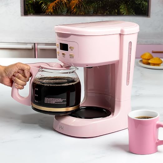 Paris Hilton Digital Coffee Maker, 12-Cup Programmable Drip Coffee Machine with Reusable Filter, Bold Brew, Auto Pause and Serve, Keep-Warm Plate, Glass Carafe, Pink