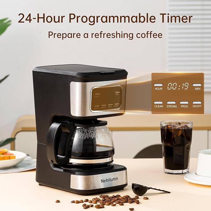 5-Cup Programmable Coffee Maker - Reusable Filter, Clear Water Level Indicator, Auto Shut- Off, Black &Stainless Steel Coffee Pot