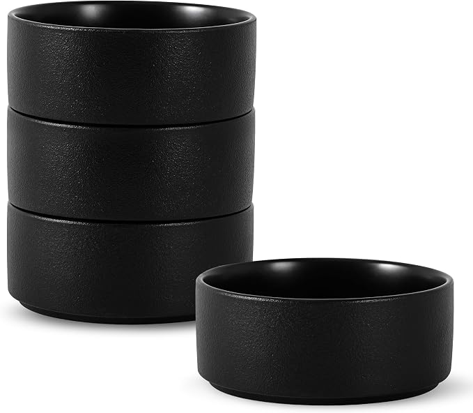 Stoneware Cereal and Soup Bowls Set of 4, 6 Inch Matte Glaze Ceramic Bowls for Breakfast & Oatmeal, Microwave and Dishwasher Safe, Matte Black