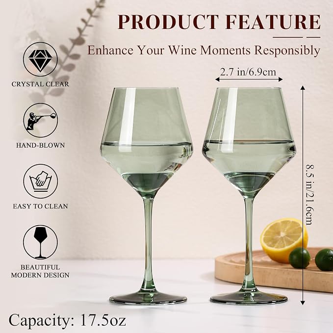 Green Wine Glasses Set of 6-17.5oz Long Stem Crystal Wine Glasses, Handcrafted Blown Colorful Stemware, Elegant Drinkware Gift for Wedding Housewarming Wine Enthusiasts