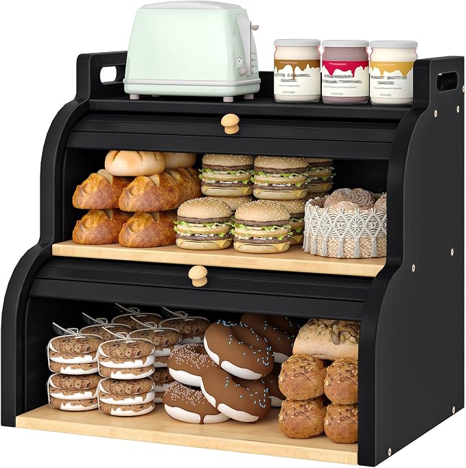 HOOBRO Bread Box, Bamboo Bread Box for Kitchen Countertop, 2-Tier Roll-Top Bread Bin, Food Storage Box, Bamboo Storage Cabinet with Handles, for Kitchen, Dining Room, Black BK15MB01